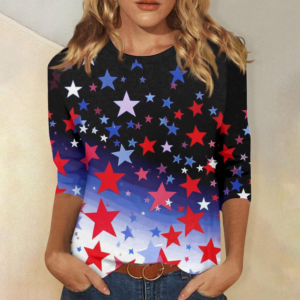 Women's Fashion Casual Round Neck 3/4 Sleeve Loose T-Shirt Ladies Top