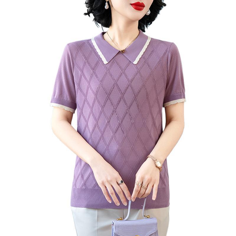 Mother's Day Elegant Knitted Loose Lapel T-shirt - Summer Style for Middle-Aged and Elderly Women