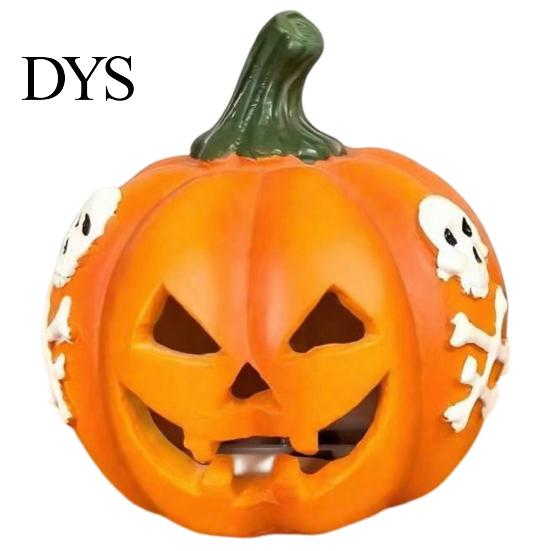Pumpkin Figurines for Patio Spooky Lighted Figurine, Halloween Engraved Light-Up Resin Indoor Autumn Ornament Statue Tabletop Outdoor Garden
