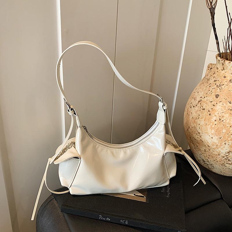 Spice Girl Bow Double Pocket Underarm Bag Glossy Oil Wax Leather Trend Locomotive Bag Shoulder Bag