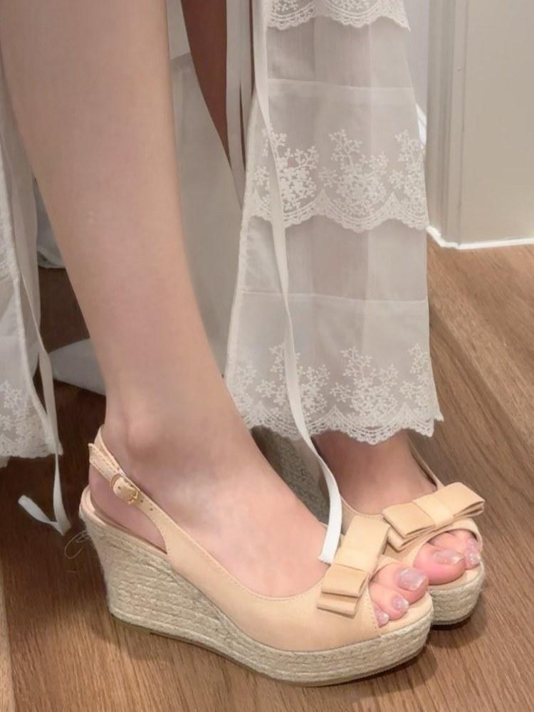 2025 Summer New French Naked Pink Bow Wedge Sandals Waterproof Table Not Tired Thick Heel High Heels