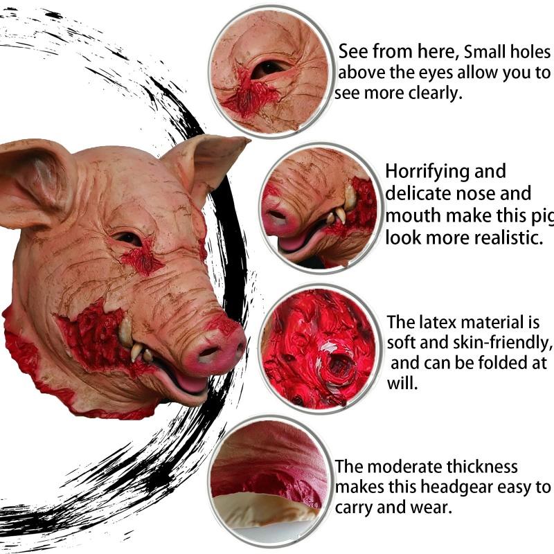 1pc, horror pig head mask, Halloween latex carnival masquerade costume, role play props, bloody pig head butcher horror adult ma