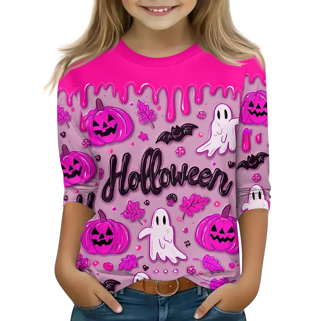 Children's 3/4 Sleeve Tops Casual Halloween Print T Shirt Round Neck Pullover Blouse