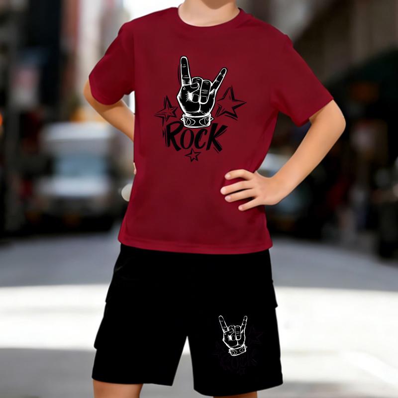 Boys 2 Piece Rock-themed Printed Outfit, Short Sleeve T-Shirt and Shorts Set for Kids Age 5-14,White Sporty Casual Summer Clothes