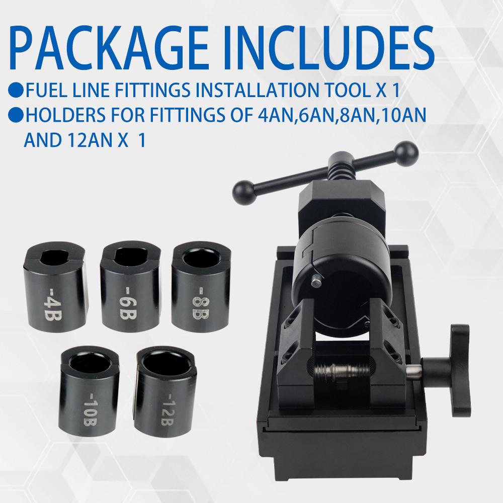 Fuel Line Fittings Installation Tool Fuel Hose Connector Tool Kit with 5 Fittings Brackets For 12AN 10AN 8AN 6AN 4AN Connectors