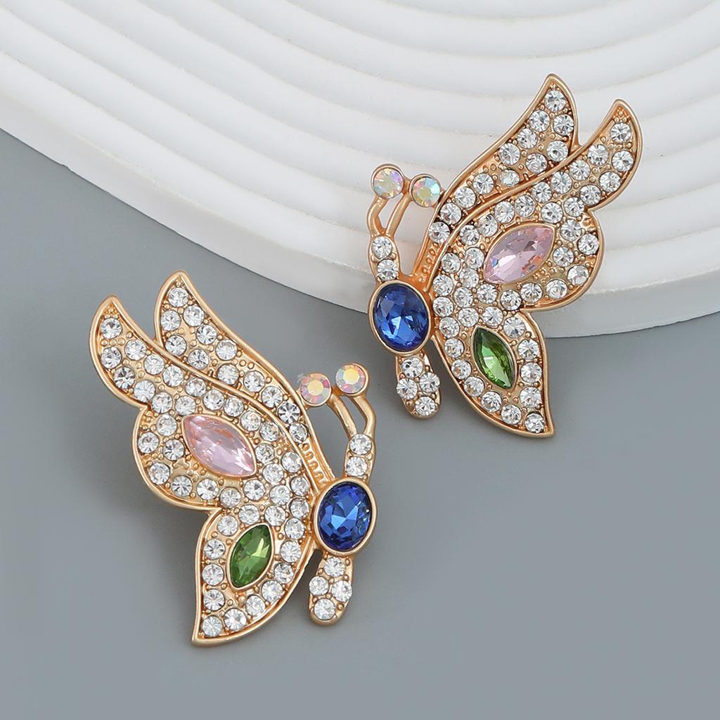 Pinkdudu Boucles d'oreilles papillon symétriques 3 couleurs strass mode mignonnes zircon insecte pour femmes bijoux PD1324