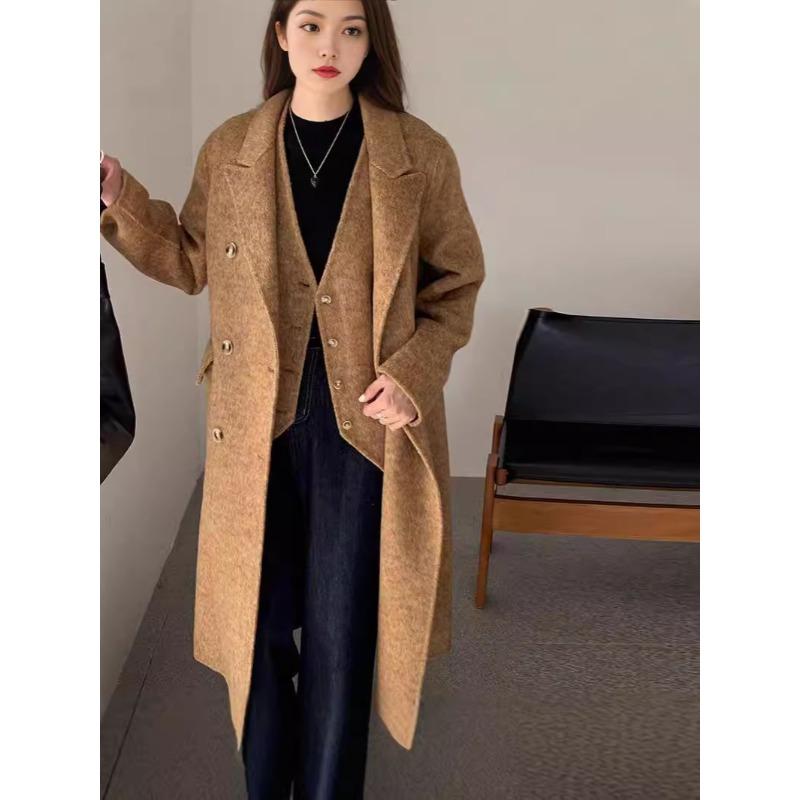 

Осенне-зимнее двухстороннее шерстяное пальто, корейский утягивающий жилет, комплект из двух предметов, шерстяное пальто средней длины M