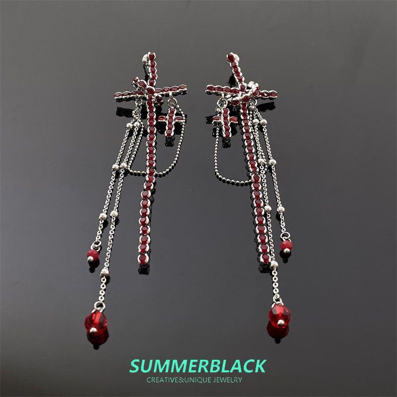 European and American Exaggerated Gothic Style Red Zircon Cross Tassel Long Earrings Women 2025 New Personalized Earrings Full Diamond Tassel Cross Earrings