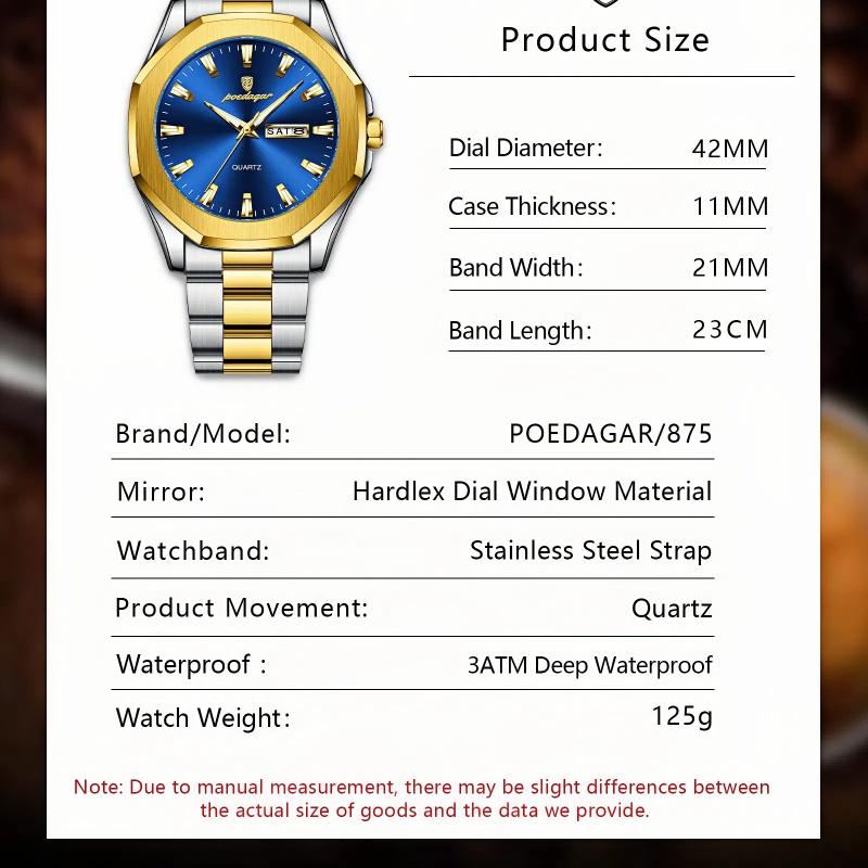 Dvojité kalendářové osmiboké hodinky z nerezové oceli Pánské luxusní vodotěsné svítící obchodní křemenné hodinky vhodné pro každodenní podnikání