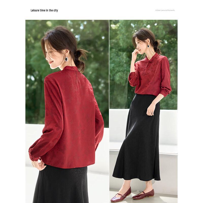 Mohan Yimei New Chinese Style Jacquard Stand Collar Blouse
