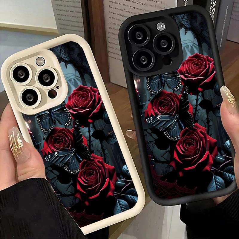 Dark Style Red Rose Butterfly Art Phone Case for iPhone 17 16 15 14 13 12 11 Series Pro Max Plus Double Layer Protection