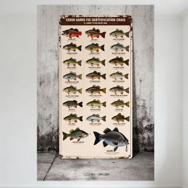 

Vintage Metal Sign, 24 Fish Identification Chart, 6x4 Grid Realistic Illustrations, Distressed Rusty Border, Educational Wall De 20x30cm（7.8x11.8inch）