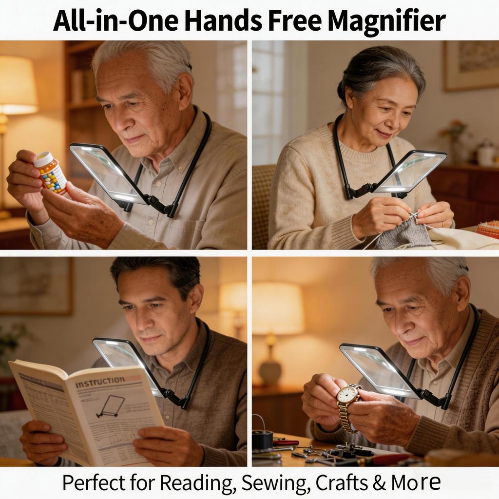 Rechargeable Foldable Neck Magnifier with LED Light, Hands Free Magnifying Glass for Close Work, Crafting, Repair, Low Vision
