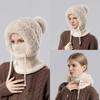2in1 Winter Warm Ear Flap Scarf Hat Women Knit Hooded Balaclava Hat with Plush Liner Outdoor Activity Pullover Skull Hat