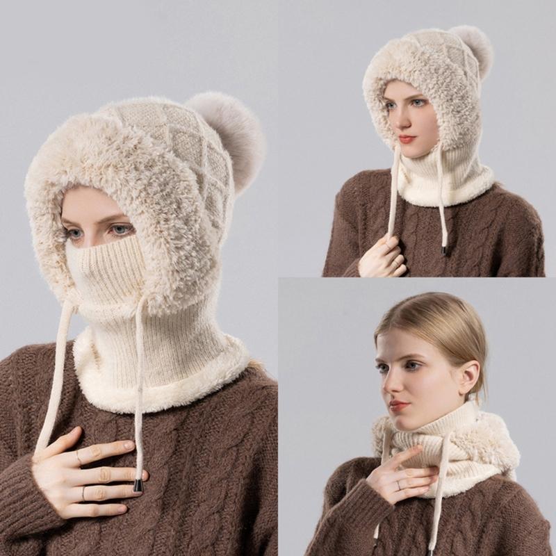 2in1 Winter Warm Ear Flap Scarf Hat Women Knit Hooded Balaclava Hat with Plush Liner Outdoor Activity Pullover Skull Hat