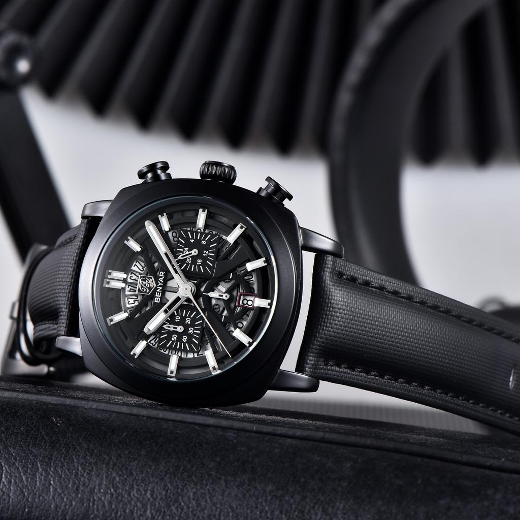 Benyar5205 New Men's Quartz Watch 43mm Luminous Dial 50m Water-Resistant Anti-Reflective Chronograph Fashionable Timepiece