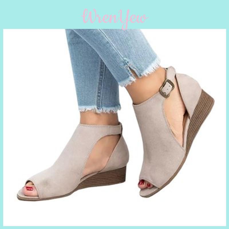 Stylish Women's Ladies Peep Toe Wedge Sandals Featuring Buckle Ankle Strap For Versatile Looks