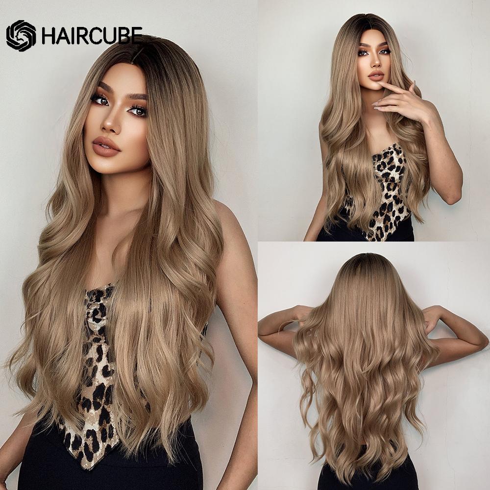 HAIRCUBE White Platinum Mixed Brown Synthetic Wigs Long Wavy Natural Hair Wigs for Women Middle Part Daily Heat Resistant Wigs