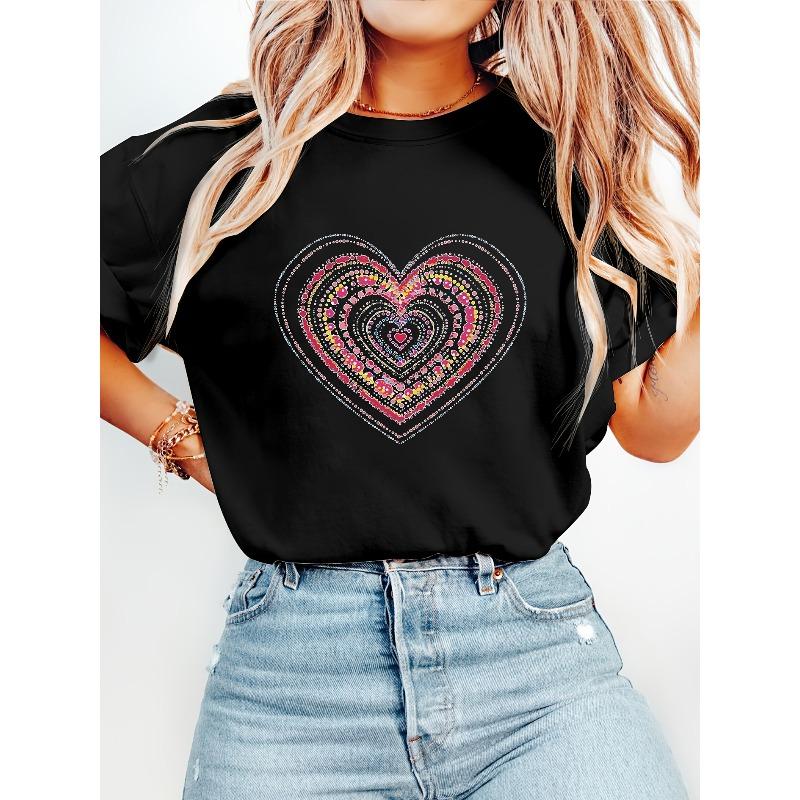 

European Size Women s Short Sleeve Top, Heart Pattern Print, Bohemian Style, Soft Stretch Crew Neck Casual Top,Spring Summer Fall 4XL чорний