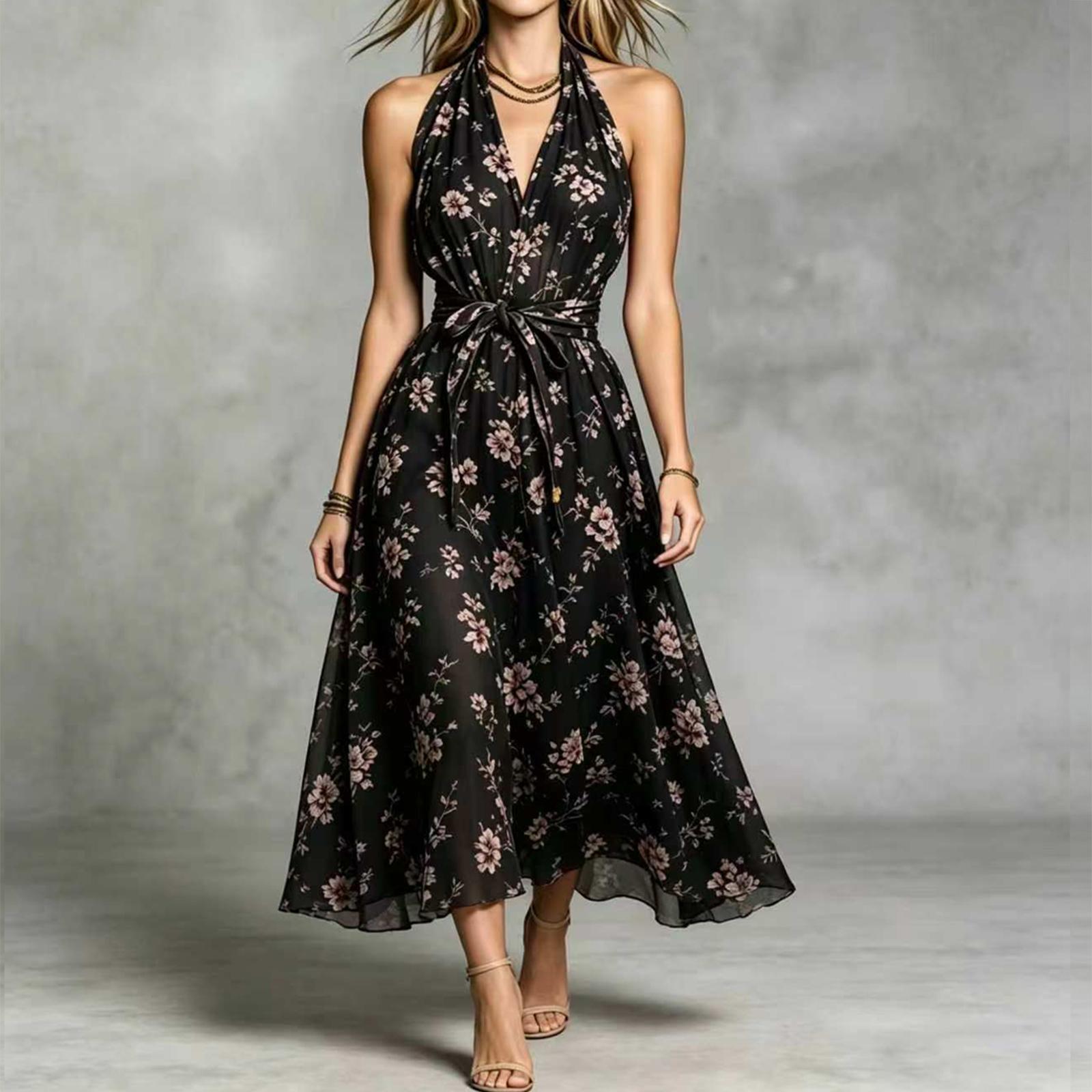 Women s Color V-Neck Floral Print Dress with - Elegant Summer Midi Dress L