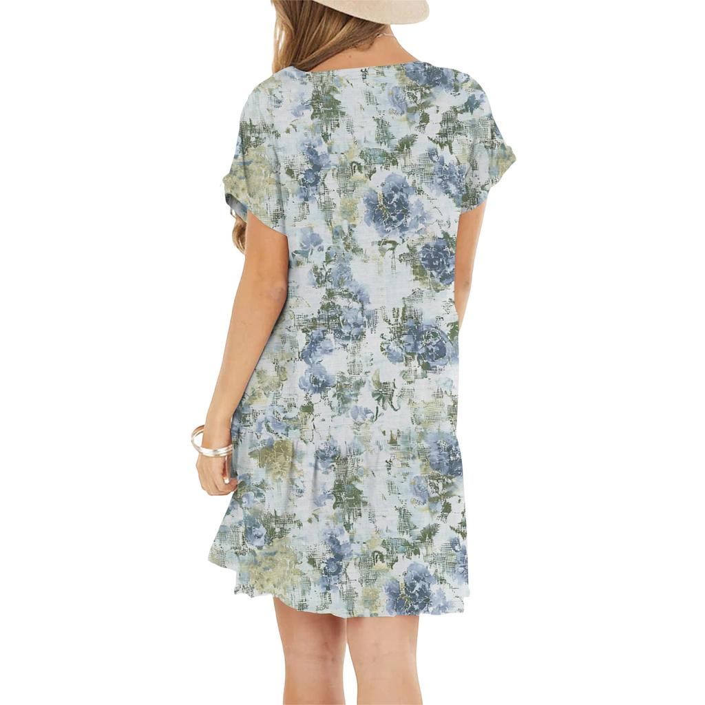 Women's Fashion Casual Round Neck Short Sleeve Ruffled Vintage Printed Dresses