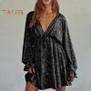 Lady Club Party Dress Deep V Neck Shimmering Sequin Loose Solid Color Long Sleeve Bow Lace-up Strap Slimming Look Mini Dress