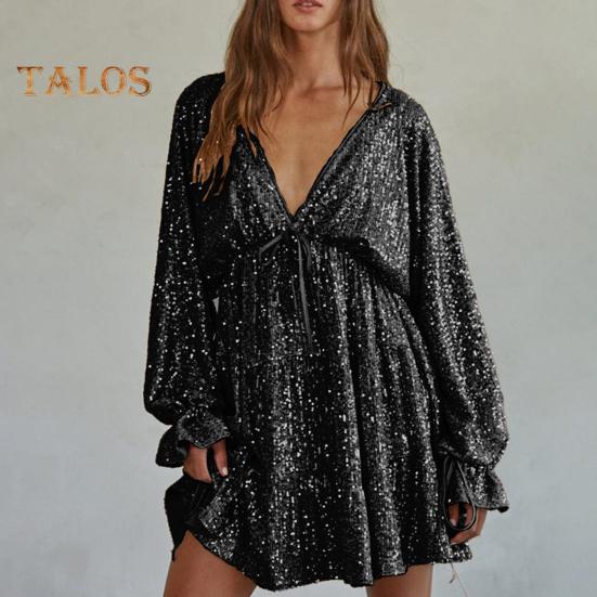 Lady Club Party Dress Deep V Neck Shimmering Sequin Loose Solid Color Long Sleeve Bow Lace-up Strap Slimming Look Mini Dress