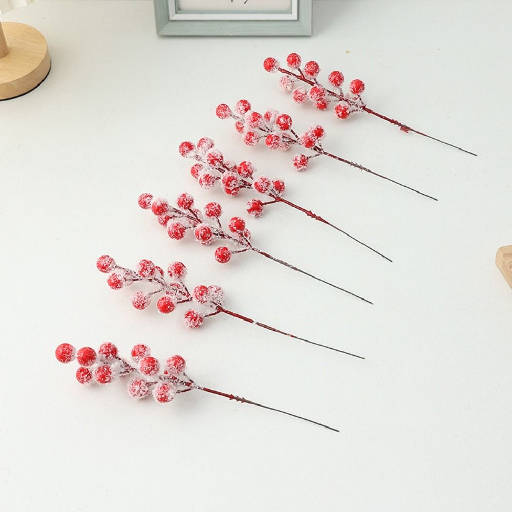 10Pcs DIY Red Berry Branche Snow Frosted Reusable Artificial Holly Berries Wreath Decor Realistic Fake Plant Gift Wrapping