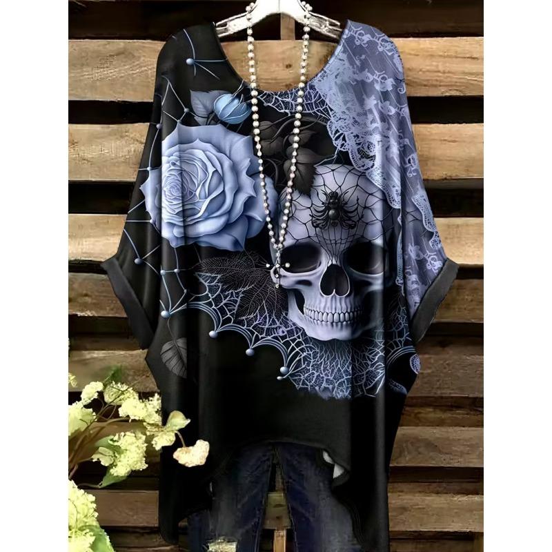 Camiseta para Mujer Estilo Gótico Bohemia Estampado de Calavera Dobladillo Irregular Holgada Cuello Redondo Manga Corta Oversize Y2k