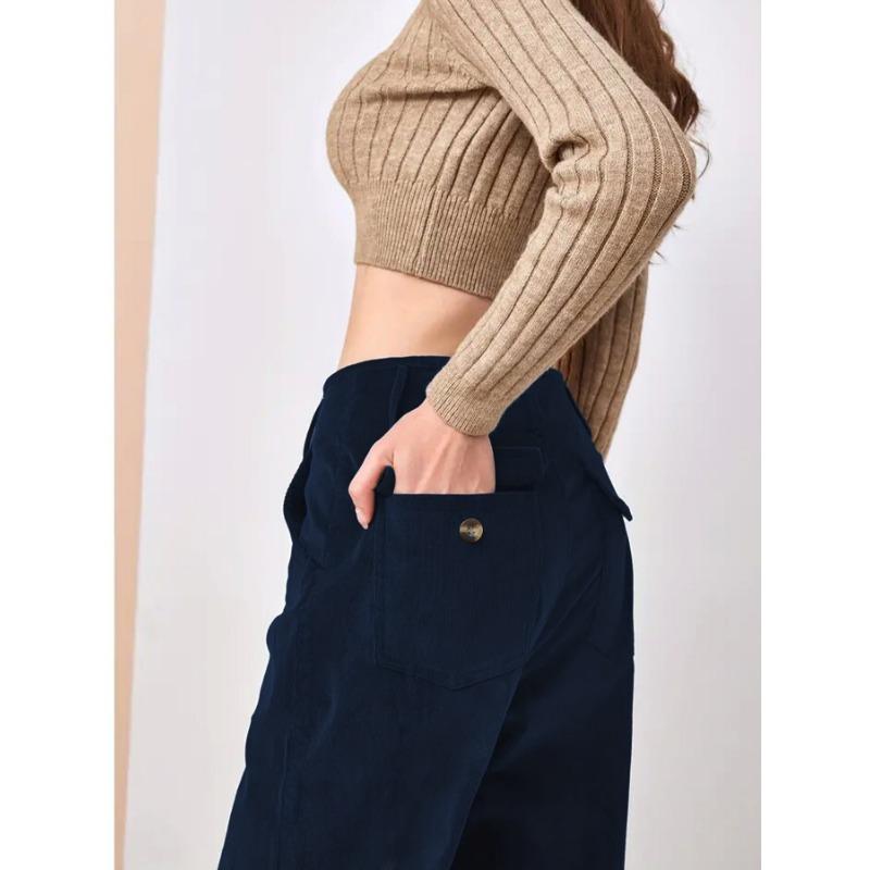 Women Autumn Winter High Waist Corduroy Straight Pants, Draped Slim‑Fit Casual Long Trousers Multi‑Color Wide Leg Bottoms For Daily Street Outfit