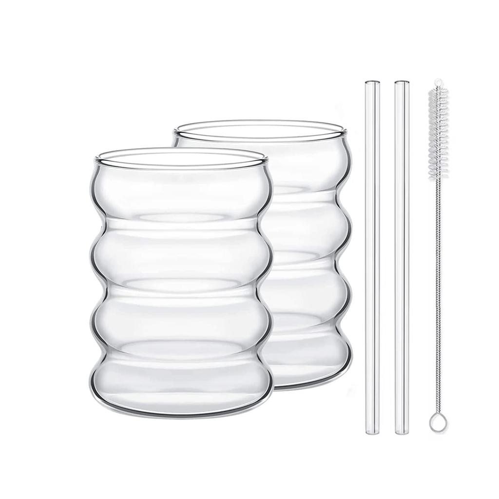 2/4 Stück Wellenform Getränkegläser mit Strohhalmen Vintage Glasbecher Riffelglas Trinkgläser für Wein Champagner Kaffeebecher