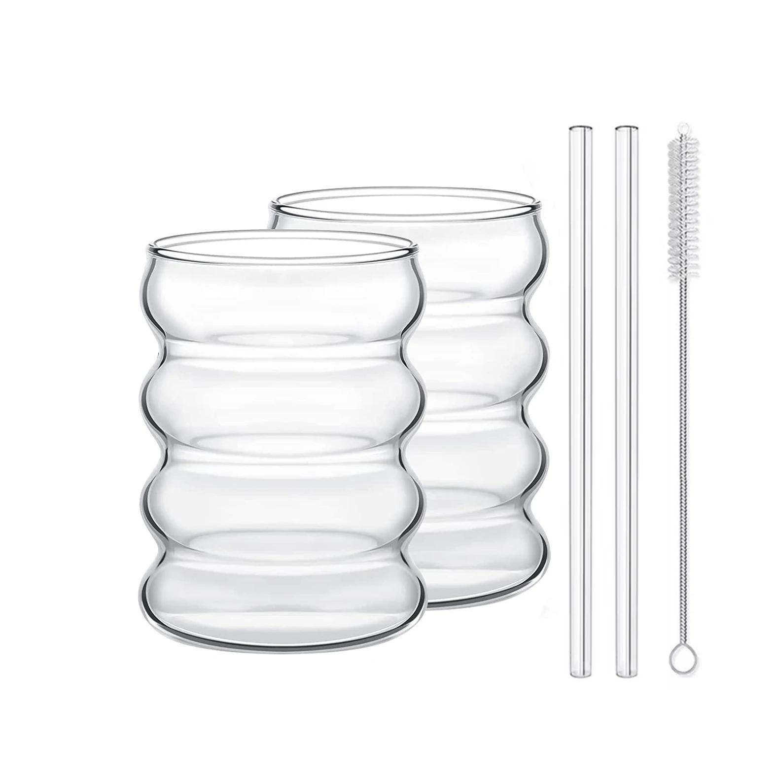 

2/4PCS Wave Shape Beverage Glasses With Straws Vintage Glass Cups Ripple Drinking Glasses for Wine Champagne Milk Coffee Cup 301-400ml