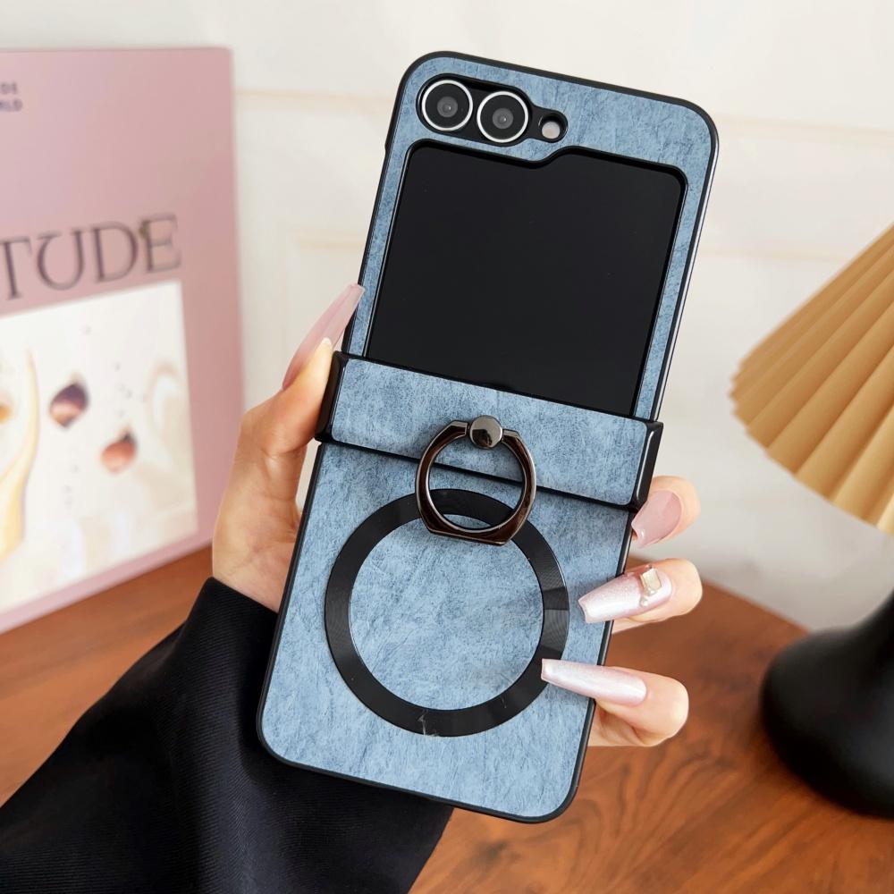 Luxury Ring Stand Holder Leather Hinge Case For Samsung Galaxy Z Flip 6 5 4 3 5G Magnetic Wireless Charge Shockproof Soft Cover
