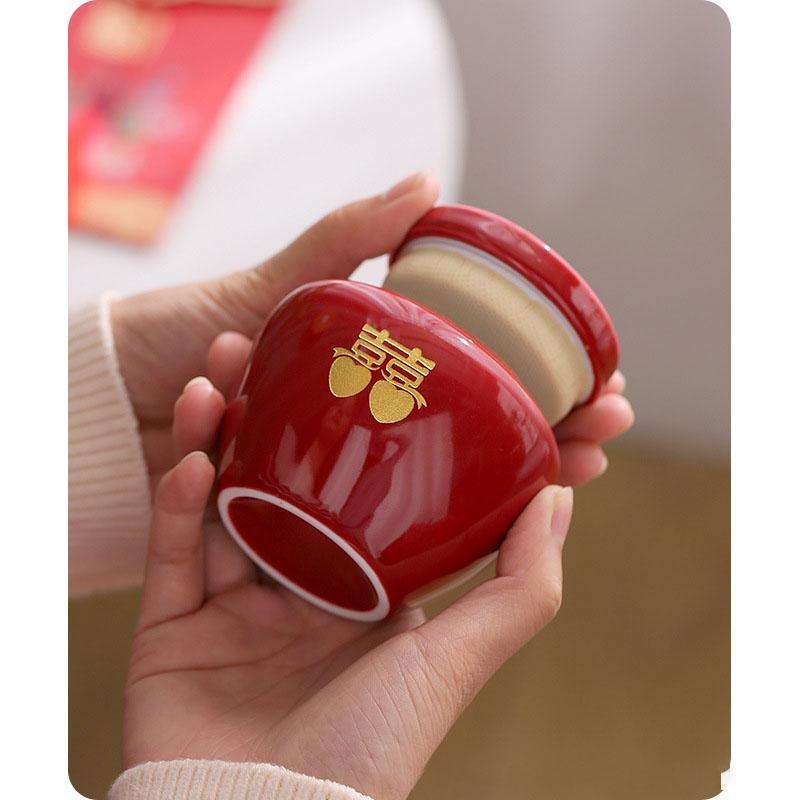 Ceramic Red Double Happiness Sealed Tea Candy Dish, Food Storage Jar, Chinese Traditional Red, Wedding Party Supplies, Gifts