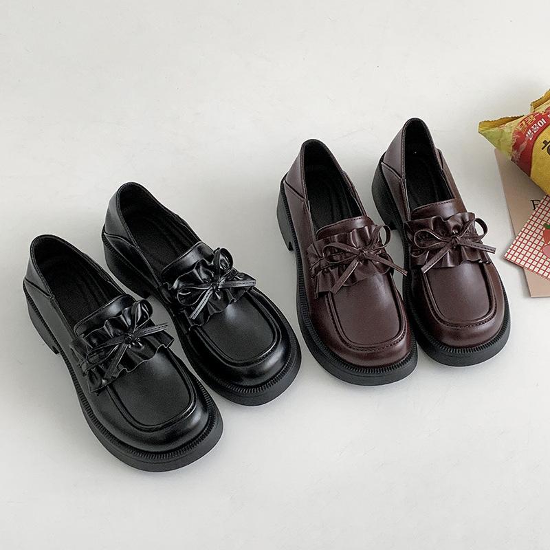 Black Bow Retro Versatile with Skirt Platform Small Leather Shoes Women's 2025 New Spring and Autumn One-pedal Loafers