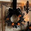 Velvet Bow Wreath Halloween for Front Door, 9 Inch Pumpkin with Black Party Backdrop Home Porch Holiday Window Wall Decor