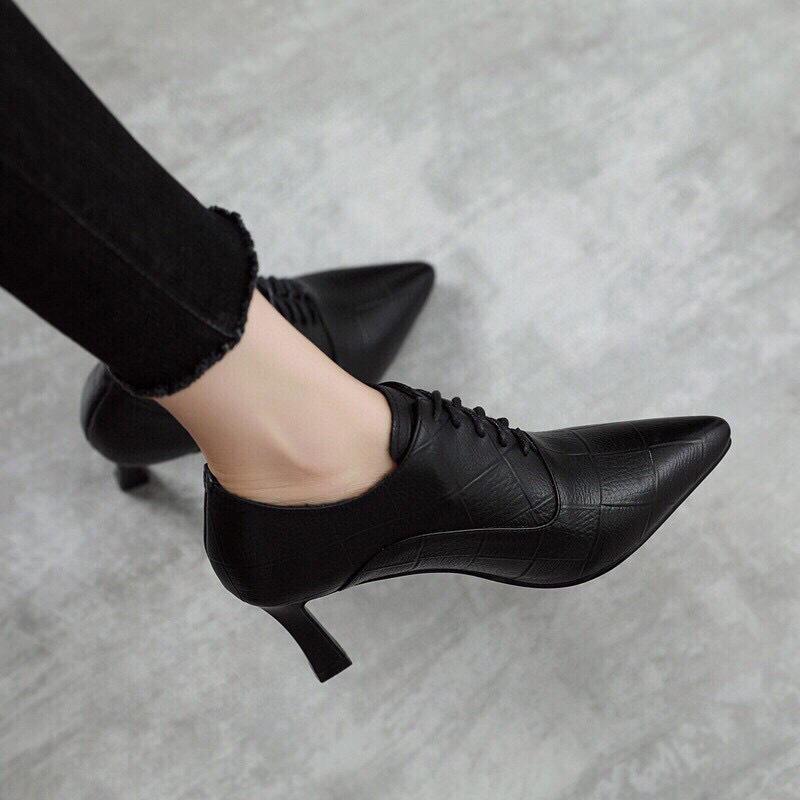 Women's shoes spring new deep mouth single shoes first layer embossed plaid leather pointed fashion high heel short boots