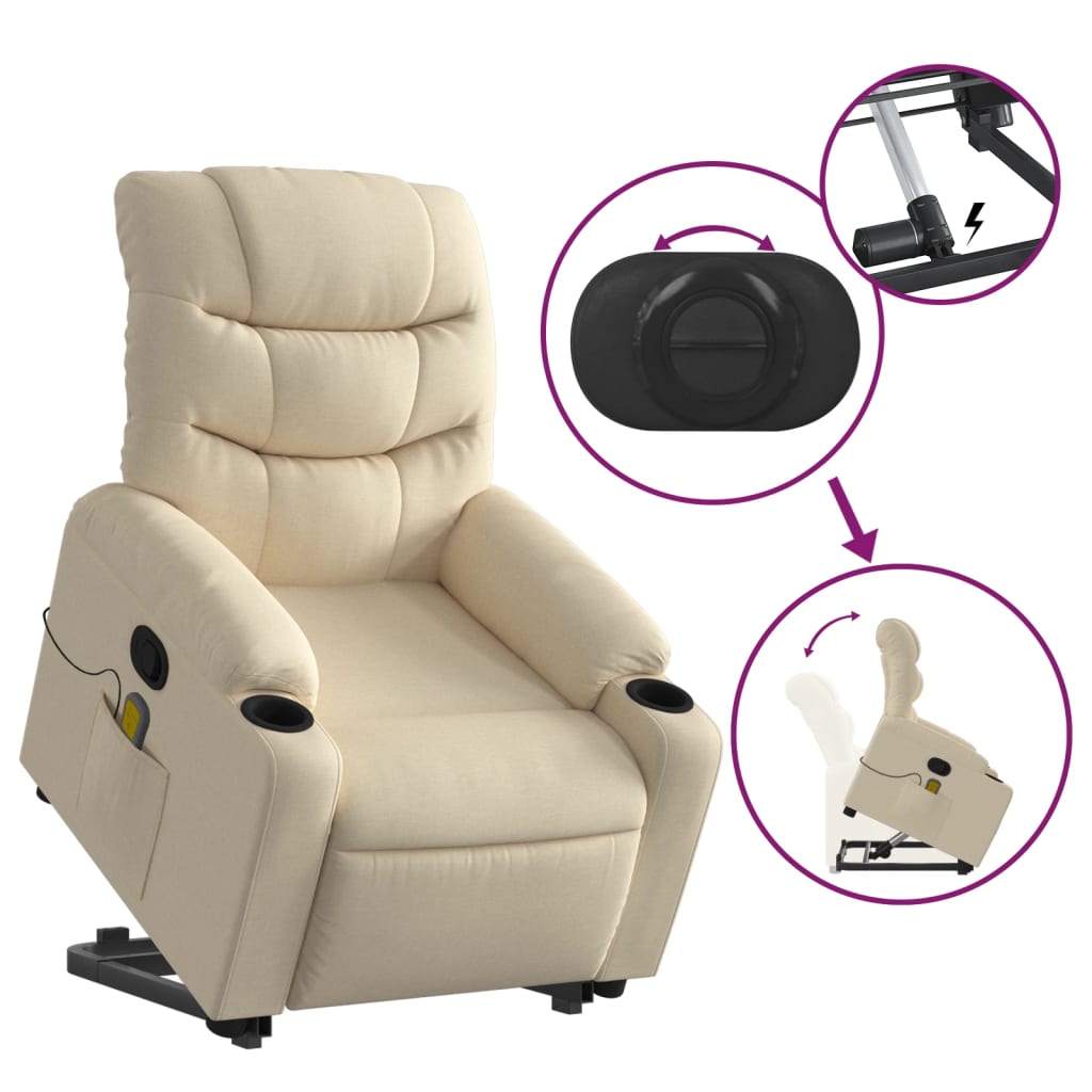 Vidaxl Lift-Up Massage Chair, Reclining, Cream, Fabric Upholstered