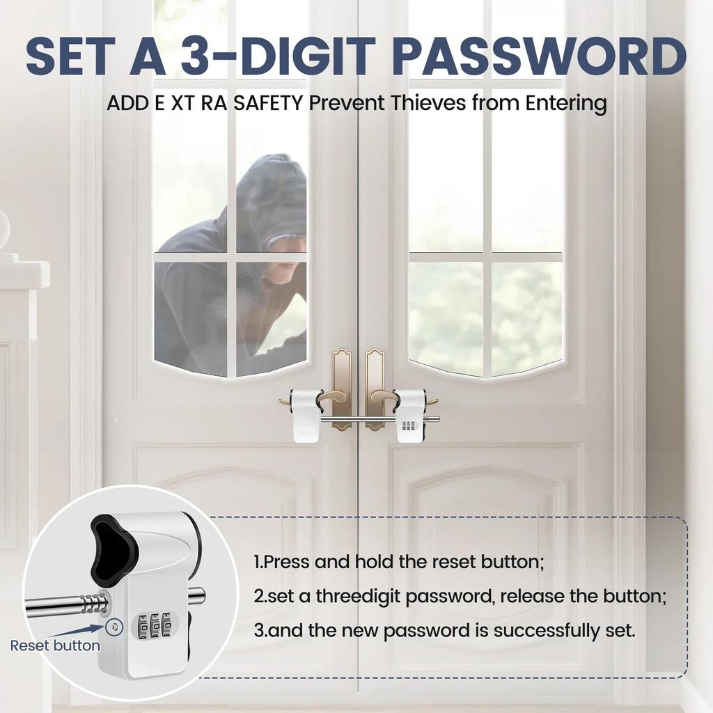 Double Door Handle Password Lock Metal 3-Digit Door Security Code Lock for Patio Door French Double Doors Security Door Lock