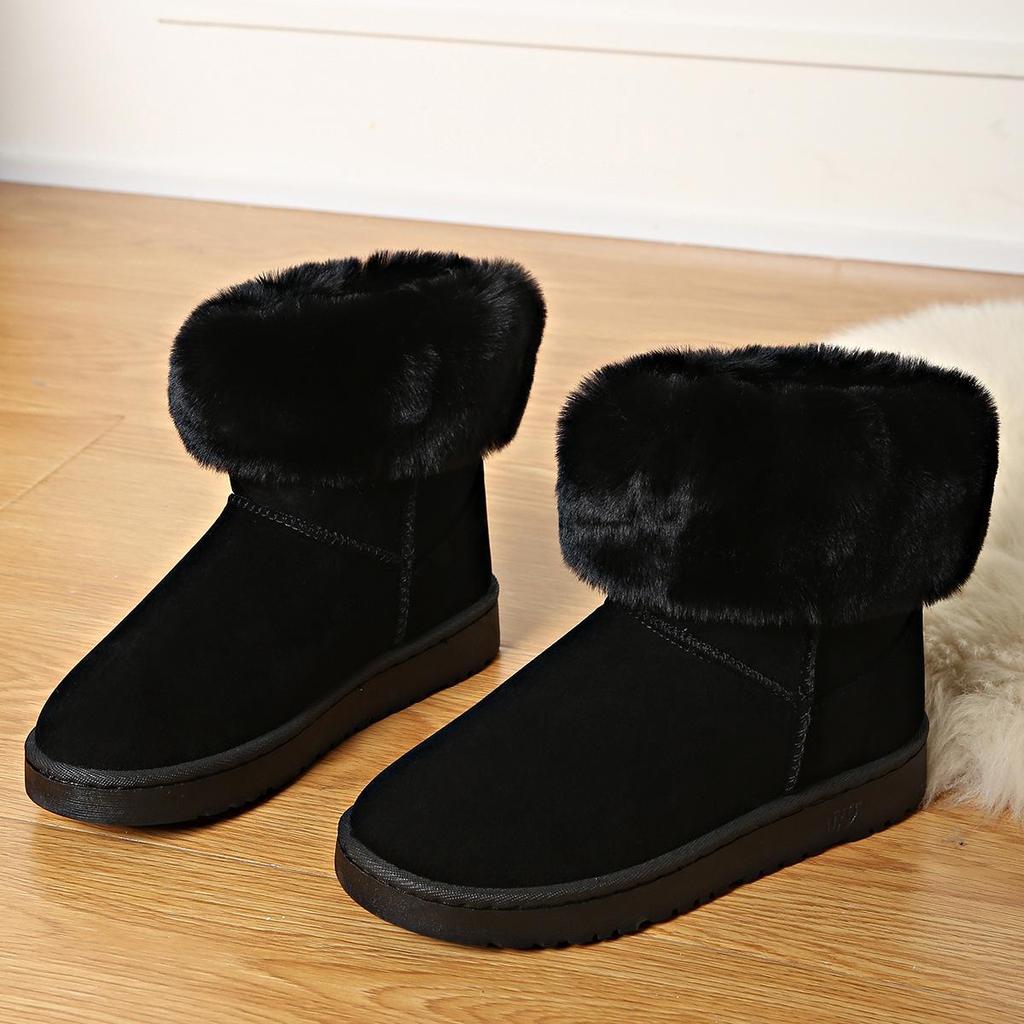 Fashion Winter Women Suede Snow Boots Black Warm Fur Boots Thick Sole Round Toe Comfort Low Heels Ladies Platform Ankle Boots Plush 2025