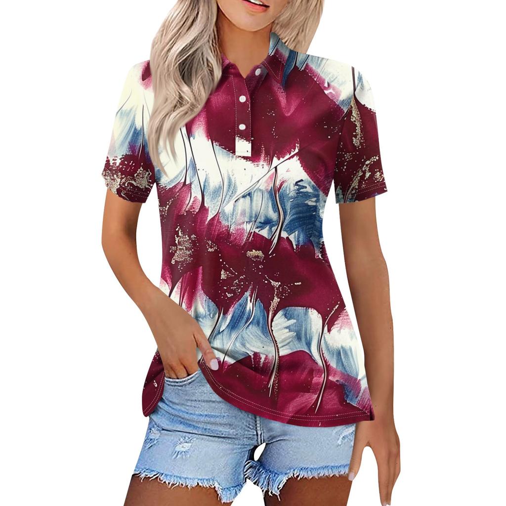 Women's Fashion Casual Lapel Short Sleeve Independence Day Printed Shirt Women's Button Up Tops
