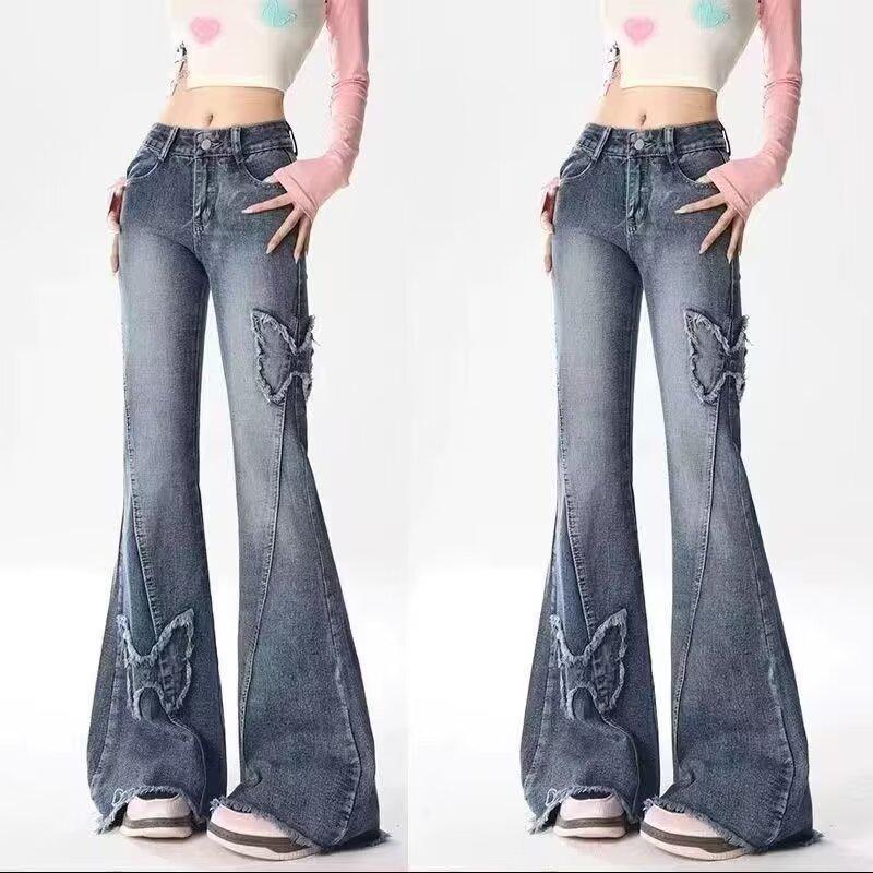 Plus Size Butterfly Embroidery Flare Jeans - Women's Summer Streetwear Slimming Wide-Leg Pants
