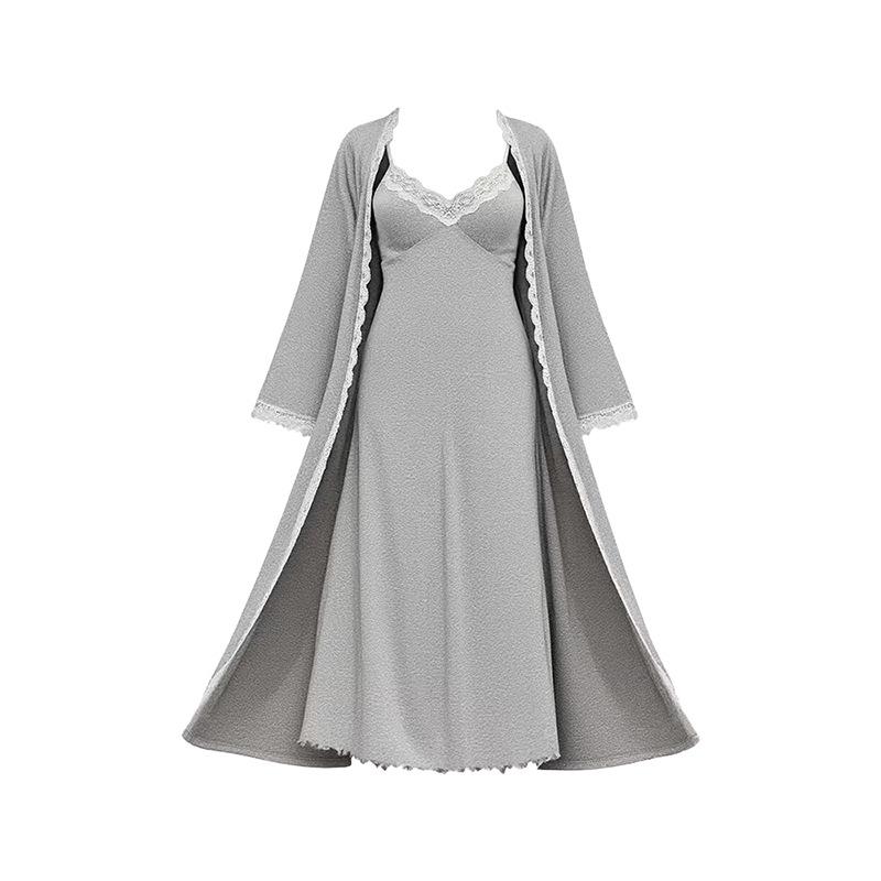 Elegant Milk Silk Lace Nightdress & Bathrobe Set - Sexy Two-Piece Pajamas