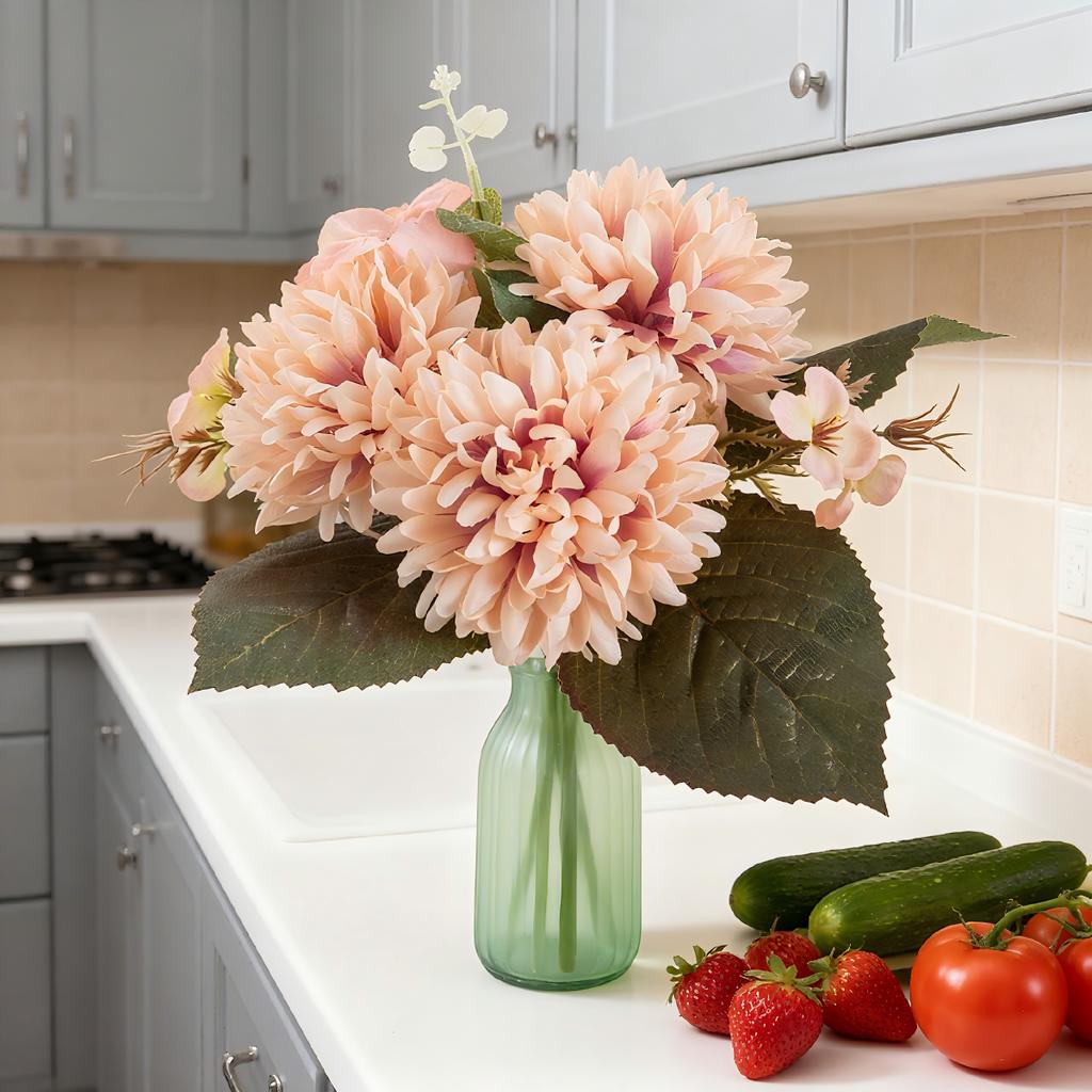 Artificial Flowers 6 Branches Bulbous Chrysanthemum Hydrangea Eucalyptus Leaves Silks Valentine Wedding Bouquet Home Decora Yard