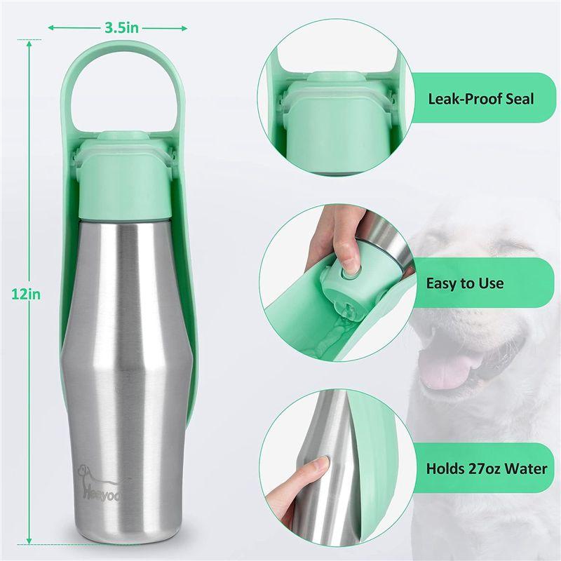 AEE2-Stainless Steel Dog Travel Water Bottle + Drinking Feeder, Leak Proof Green 27Oz
