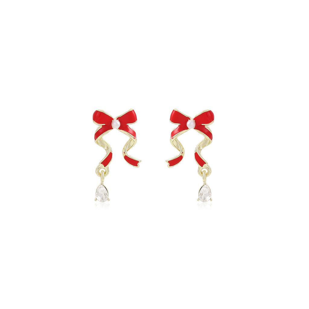 Red Ribbon Bow Diamond Stud Earrings, Sweet Niche Design In Autumn And Winter, Simple Woman