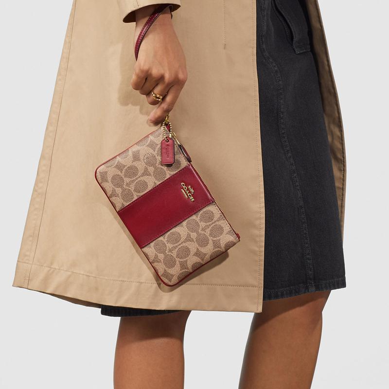 Coach Wristlet 19 Monogram Metal Logo Canvas And Leather Mahjong Bag Women Wristlet Red Brown 32445-B4NQ4
