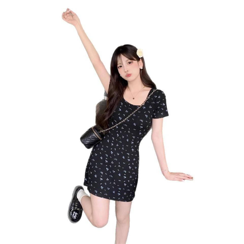 French Floral Short-sleeved Dress Summer New Women's Clothing Black Slim and Thin Temperament Medium and Long Skirt