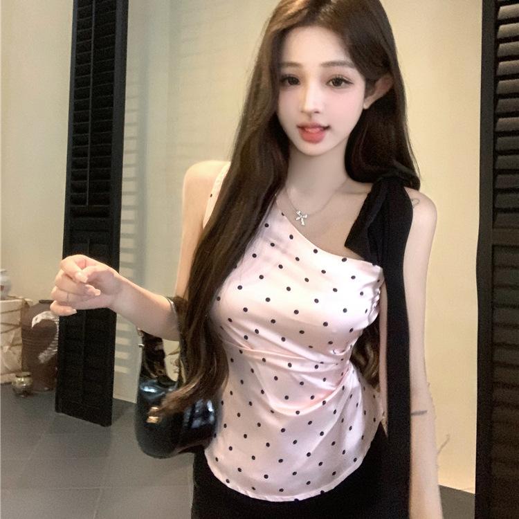Women Satin Polka Dot One Shoulder Cami Top Side Ruched Slim Fit Asymmetric Neck Sleeveless Camisole S розовый