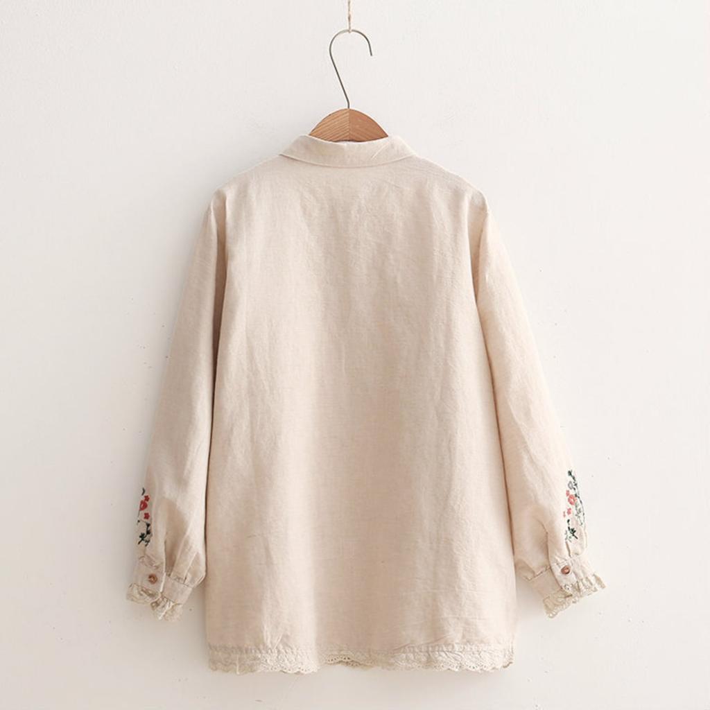 Lace Cotton And Linen Cuffs Embroidered Loose Lapel Long,sleeved Shirt